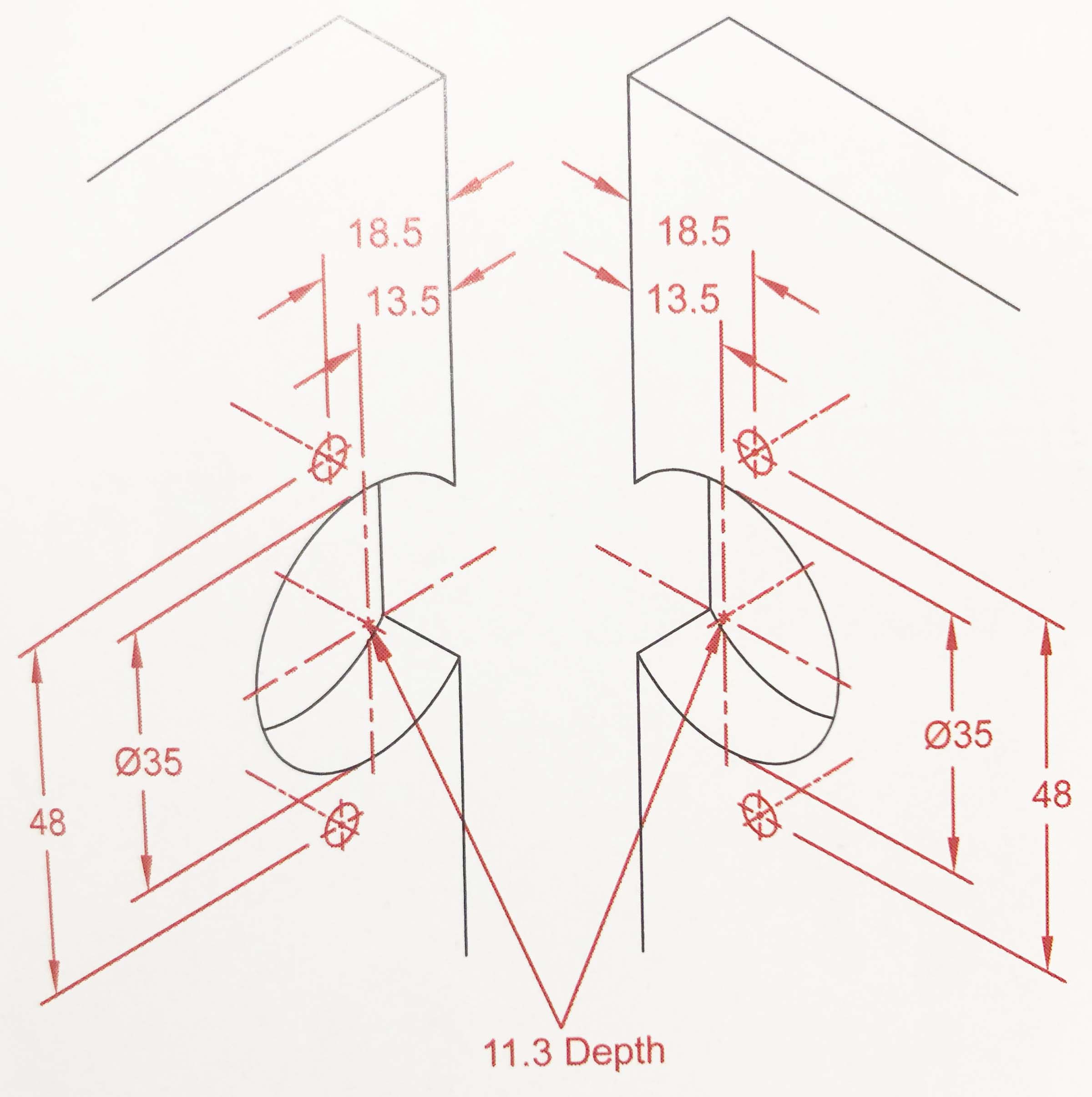 Pie Corner Hinge   130 Deg Piecorner Bore Specs 